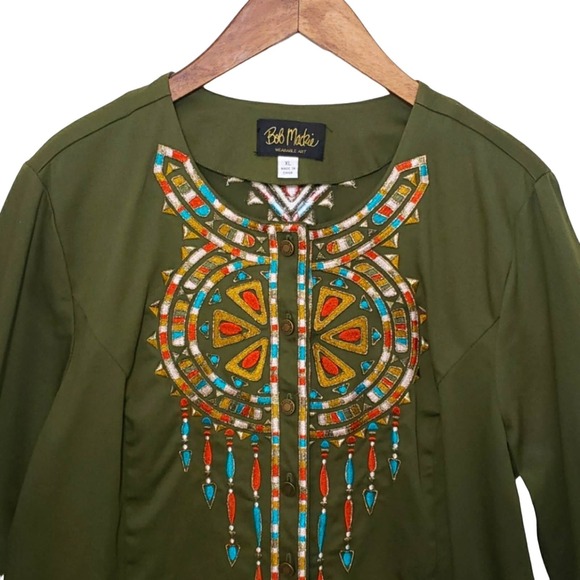 Bob Mackie Wearable Art Green Embroidered Santa Fe Shirt Jacket Shacket Size XL - Picture 2 of 11